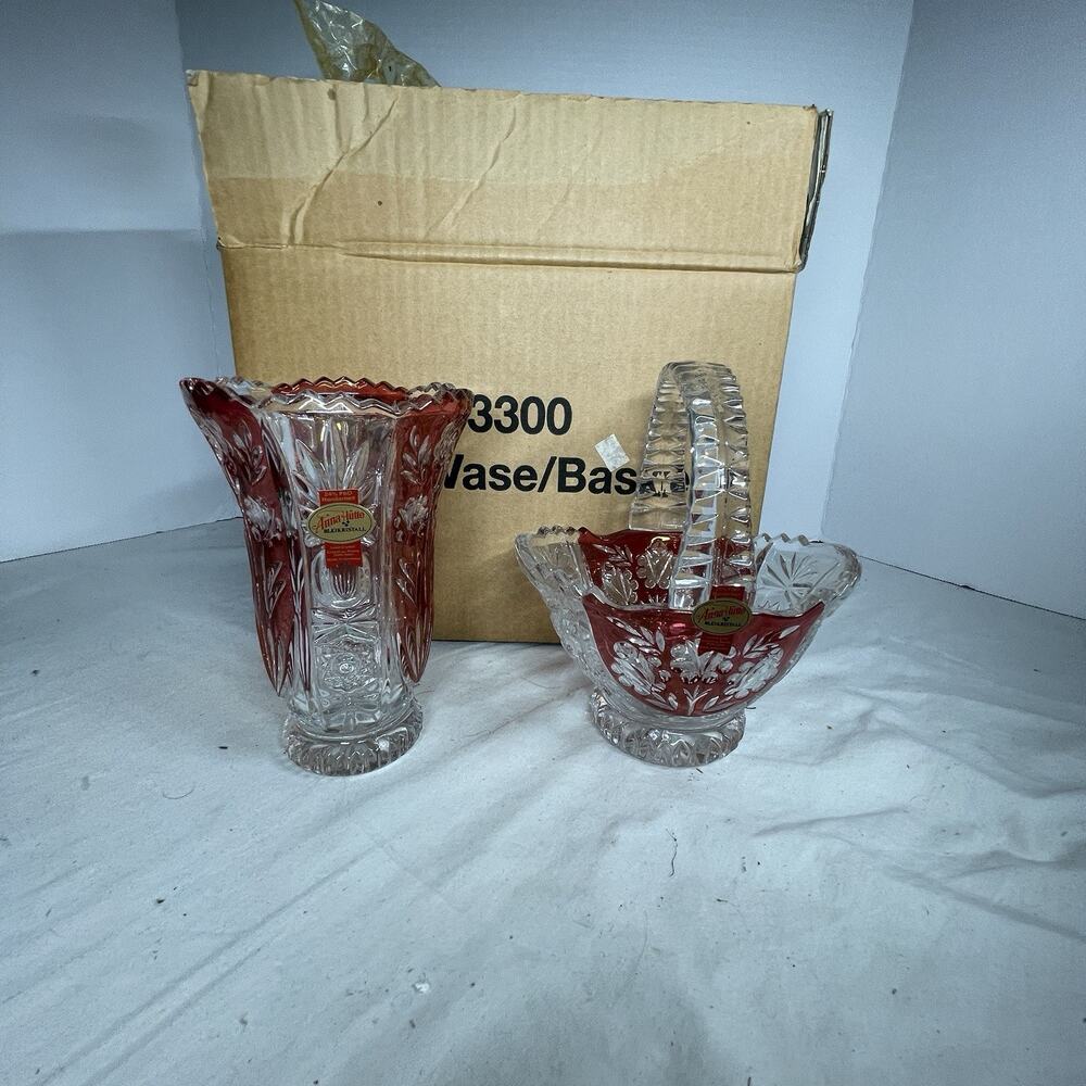 Anna Hutte Bleikristall Germany 24% Lead Crystal Floral Ruby Basket & Vase Set
